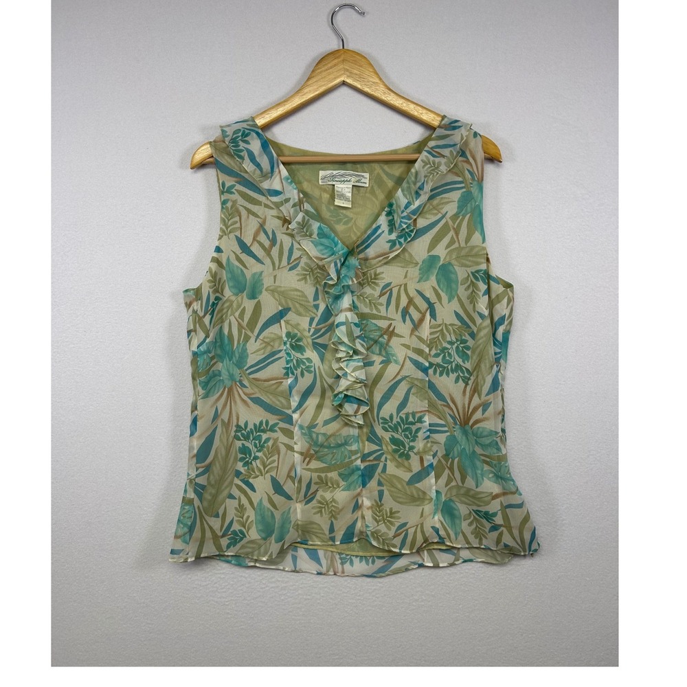 Tropical Coastal Pineapple Moon Womens Large Green Ruffle V-Neck Chiffon Blouse